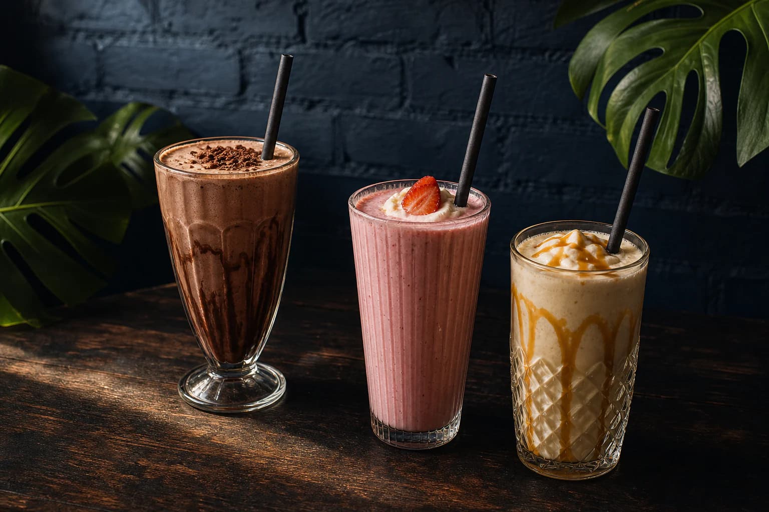 Chocolate, strawberry and caramel thickshakes served with black 8 mm straws