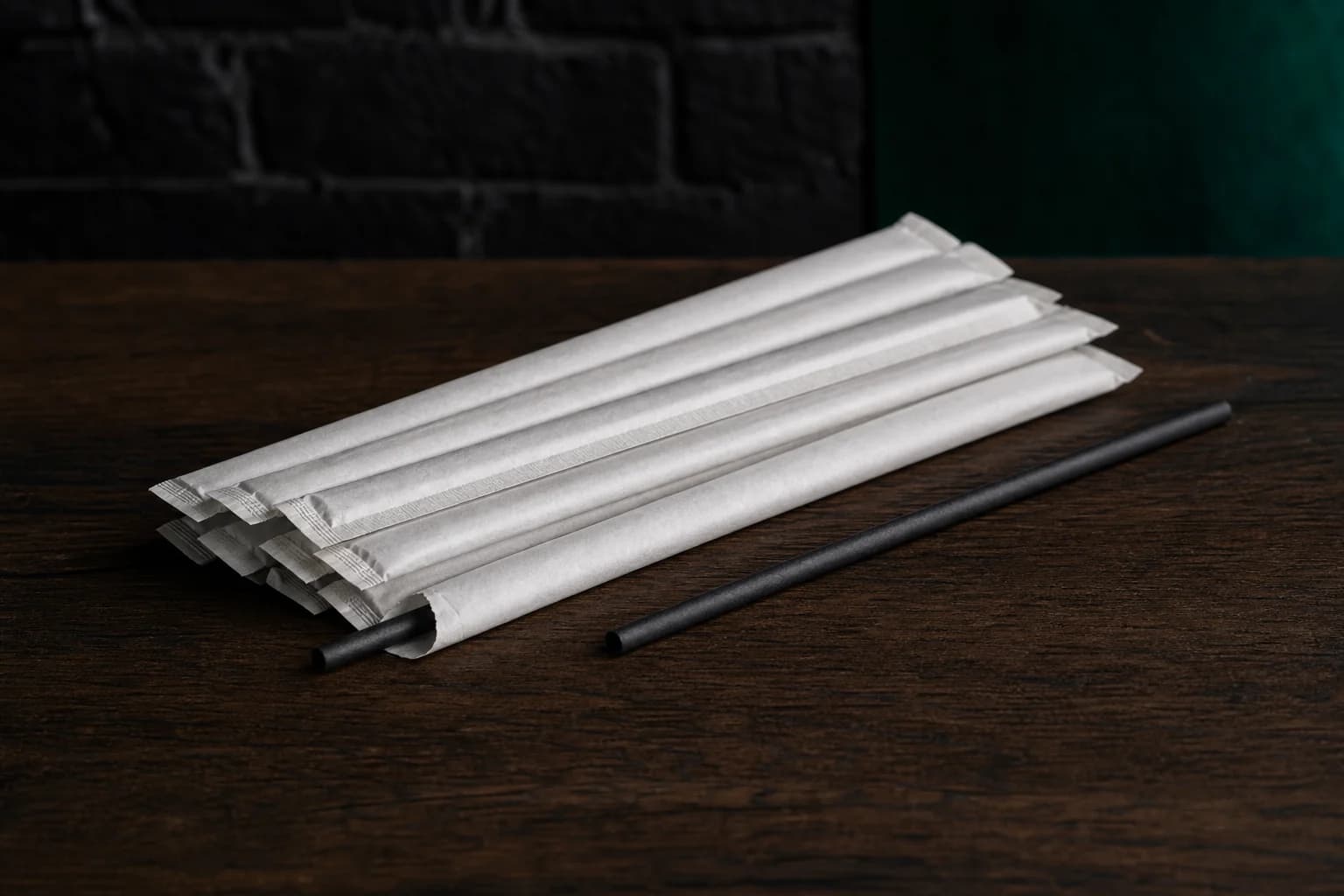 Individually wrapped black 6 mm sugarcane regular straws with one straw revealed